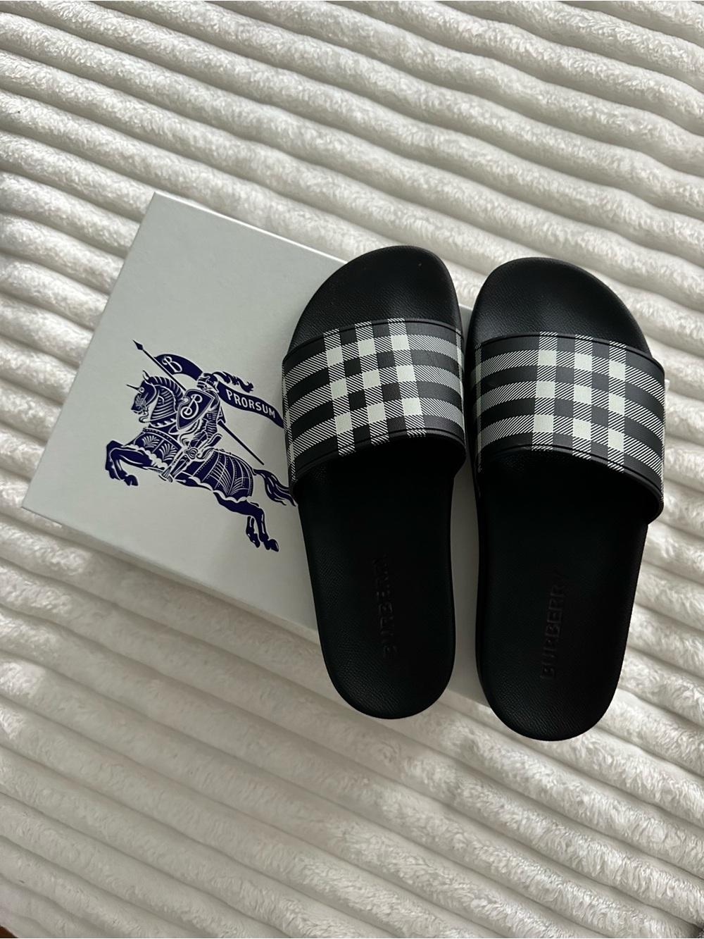 Burberry Black & White Plaid Slide Sandals for Men